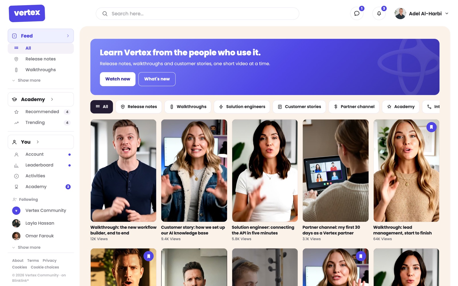 Vertex Community: release notes, walkthroughs, solution engineers, customer stories and a partner channel
