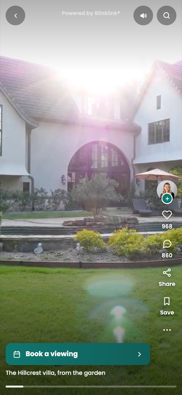 The Hillcrest villa walkthrough playing on a phone with one call to action, Book a viewing