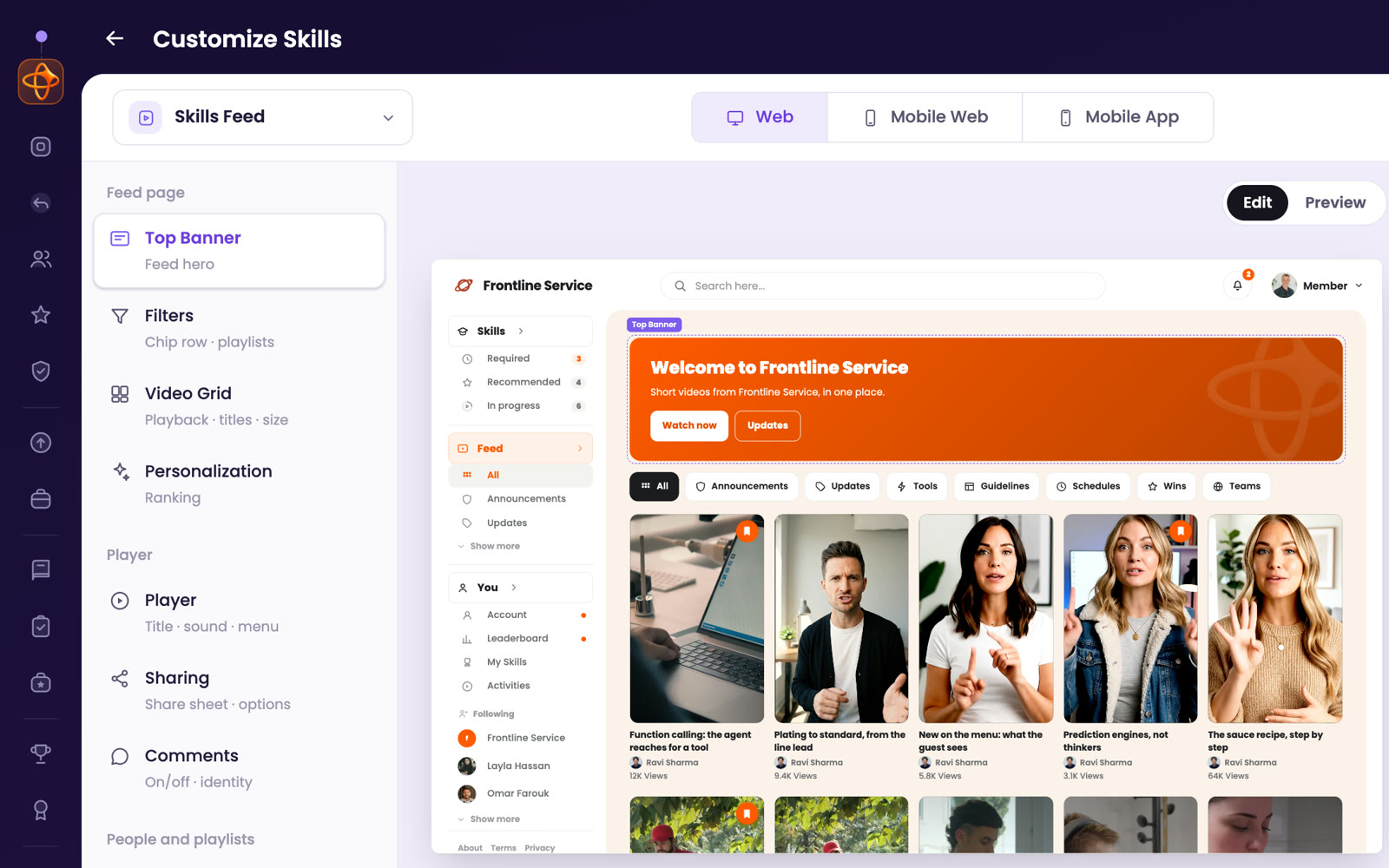 The site builder with the feed preview