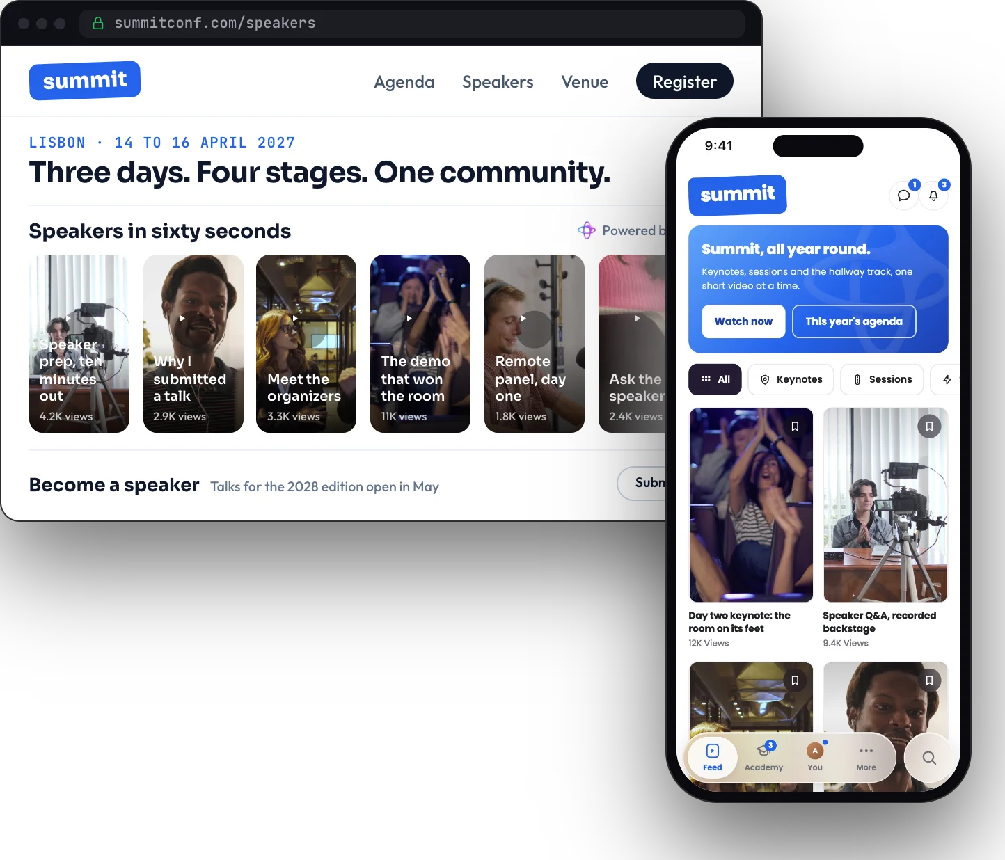 One community, everywhere it runs: an embedded feed on the Summit website, and the Summit community on a phone