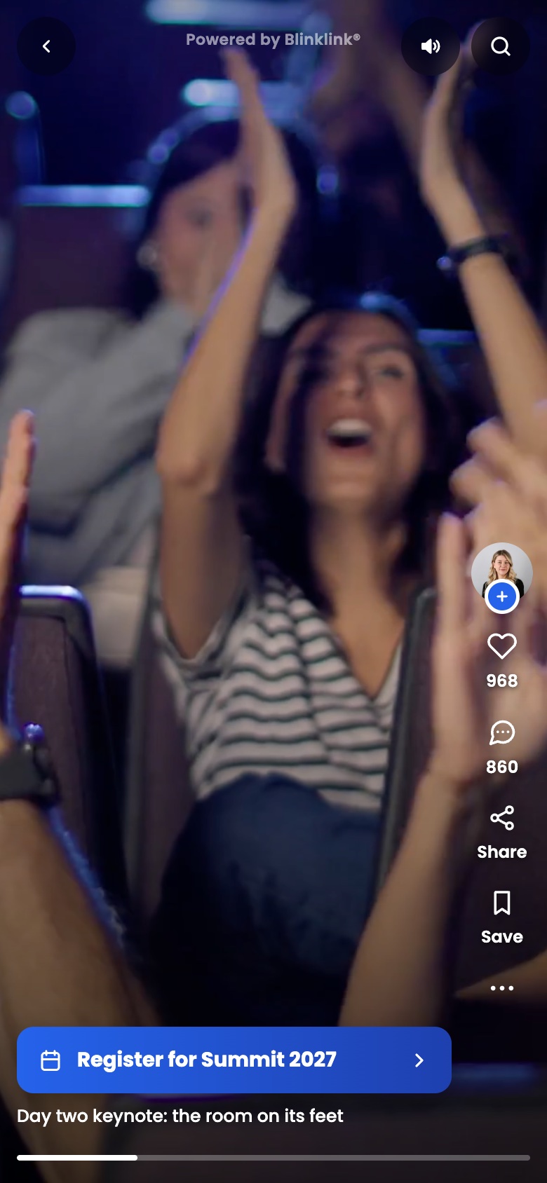 The day two keynote playing on a phone with one call to action, Register for Summit 2027