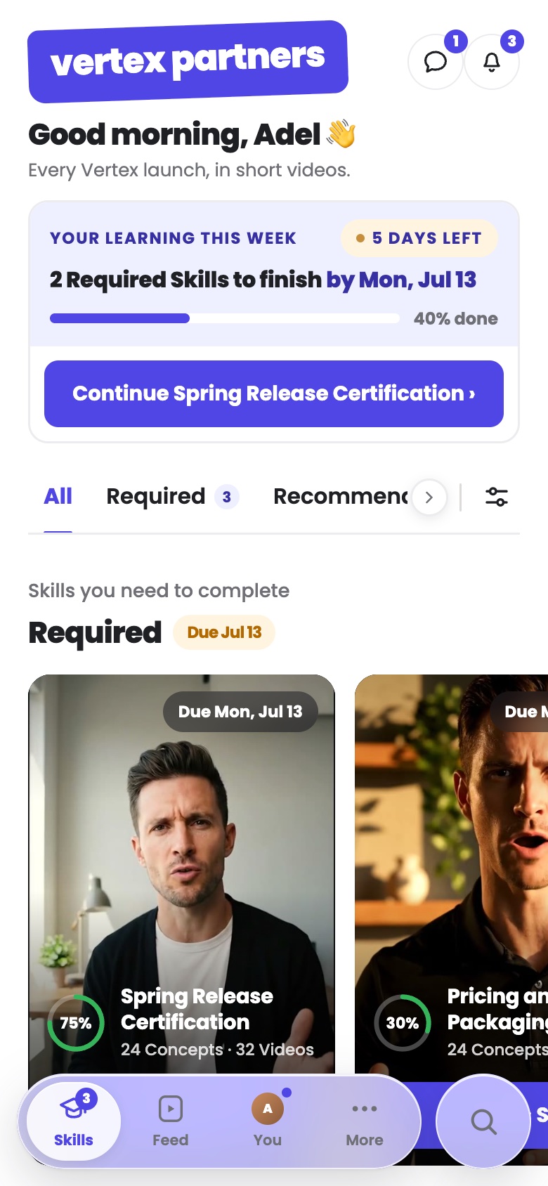 Vertex Partner Hub on a partner's phone: two required skills due, the spring release certification and the feed